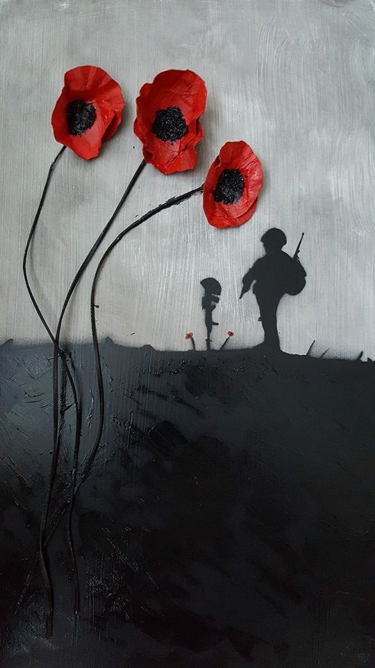 Dave H Remembrance Art painting '3D poppies at Battlefield Cross' depicts a lone British soldier stood at a battlefield cross of a fallen comrade with 3D poppies in the foreground.
