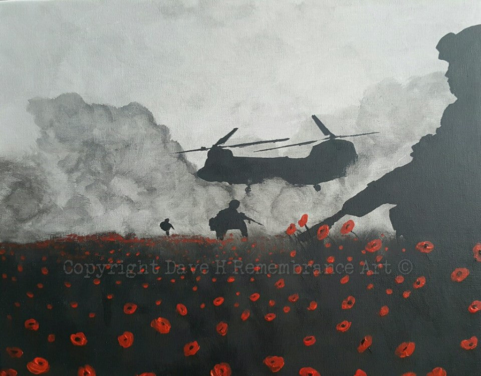 Dave H Remembrance Art painting 'Taxi's here!' depicting a patrol of British soldiers being picked up by a Chinook helicopter from a field of poppies