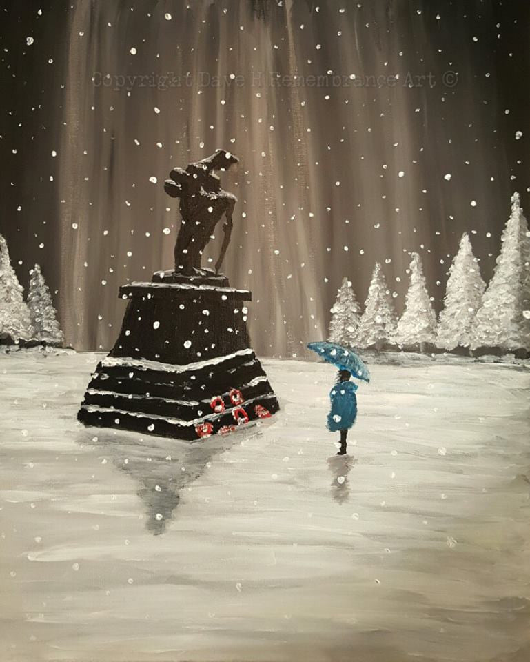 Dave H Remembrance Art painting 'Remembrance at Christmas' depicting a lady paying respects at a war memorial in the snow.