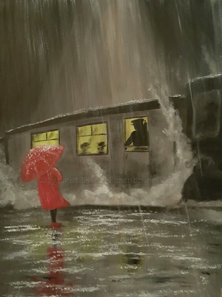 'Rainy farewell' is a painting by Dave H which depicts a lady seeing off her soldier on a rainy train platform.
