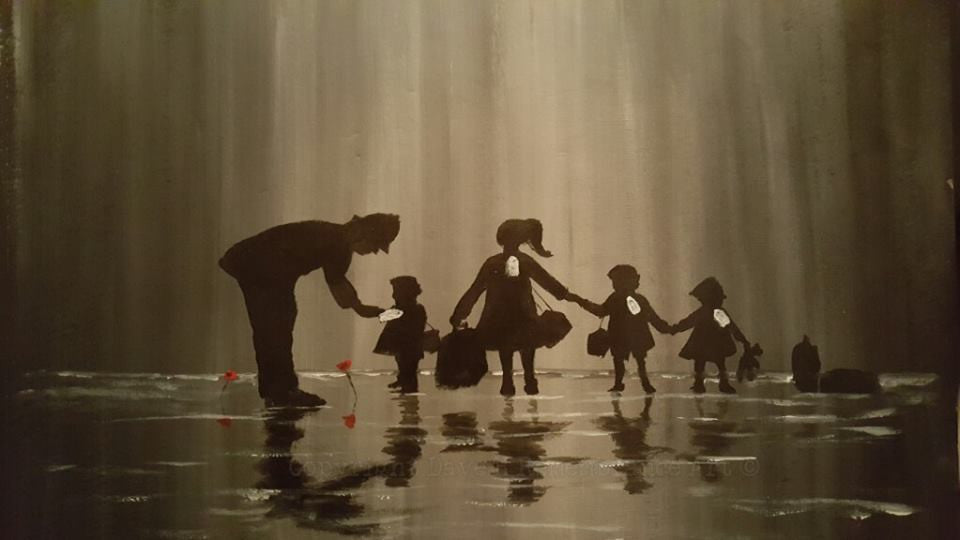 'Checking the labels' is a painting by Dave H which depicts a Policeman checking the labels on a group of small evacuated children during WW2.