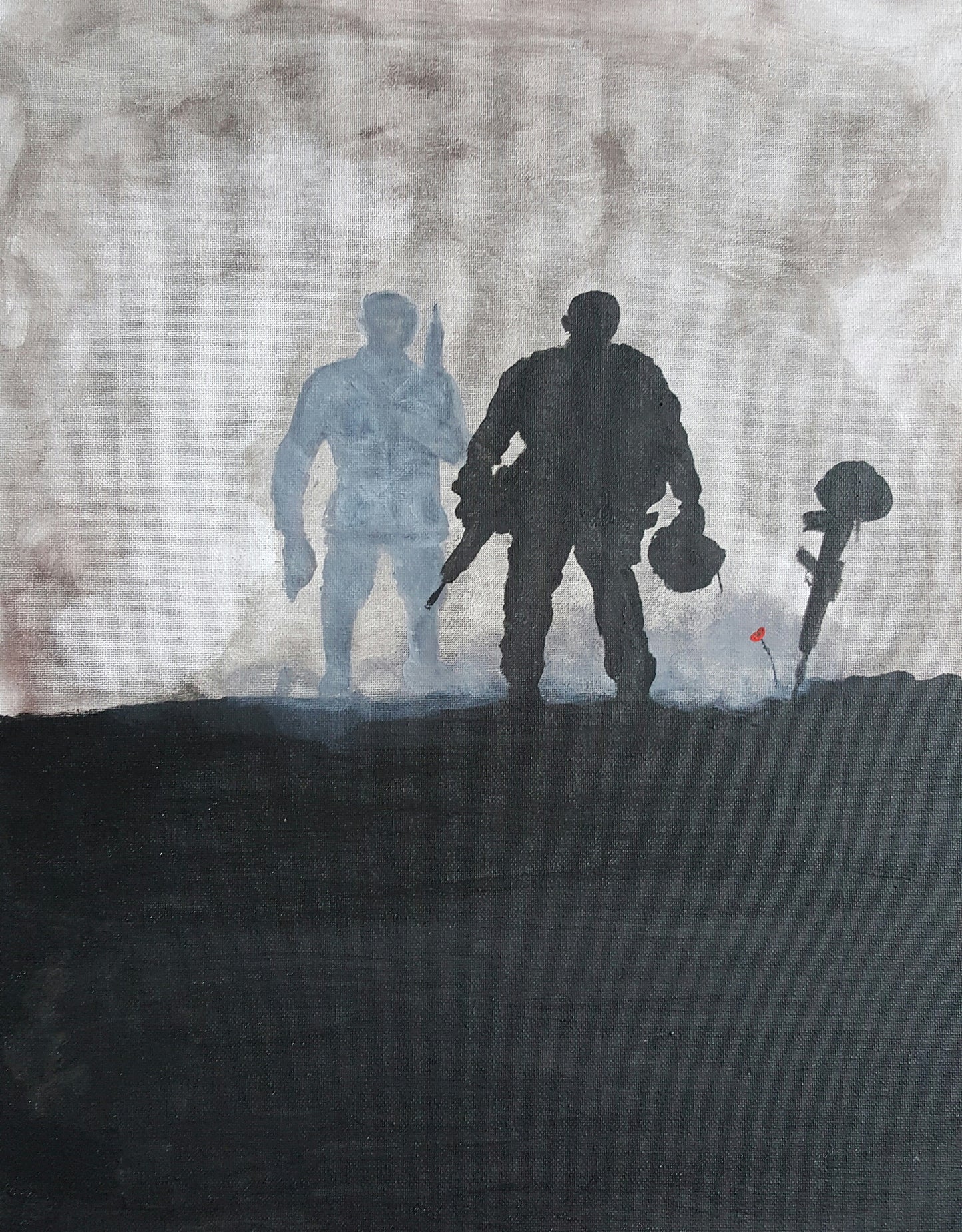 Original Dave H Remembrance Art painting, 'Warrior Spirit', depicting a modern British Soldier at the Battlefield Cross of a fallen comrade, with a spirit figure of a British World War 1 Tommy behind.