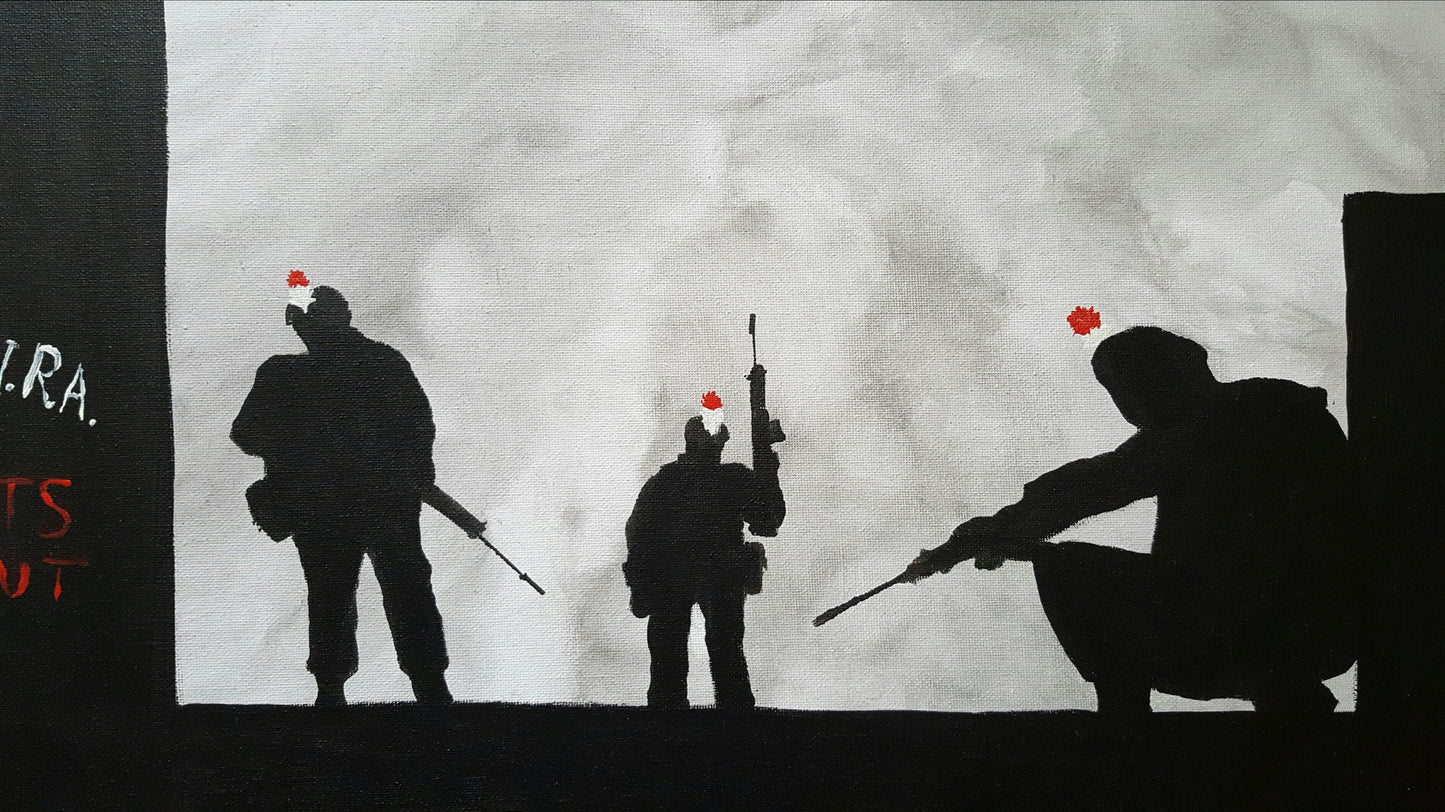 Dave H Remembrance Art original painting depicting Fusiliers patrolling in Northern Ireland