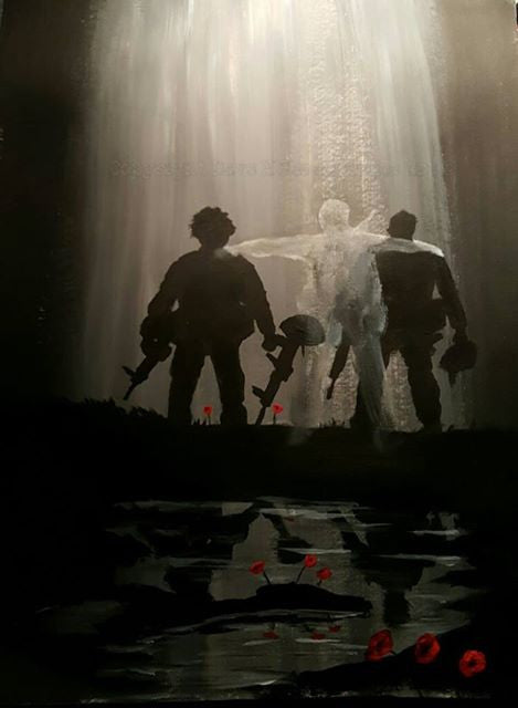 'Brothers in Arms' is a painting by Dave H which depicts two soldiers standing at the battlefield cross of a fallen comrade, with the spirit of the fallen standing between them.