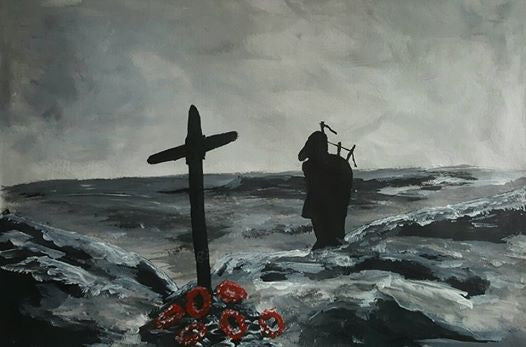 'Tumbledown Lament' is a painting by Dave H which depicts a lone piper at the memorial cross on Mount Tumbledown in the Falklands.