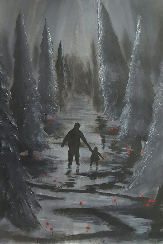 'A walk in the woods with daddy' is a painting by Dave H which depicts the figure of a serviceman walking through poppy filled woods..
