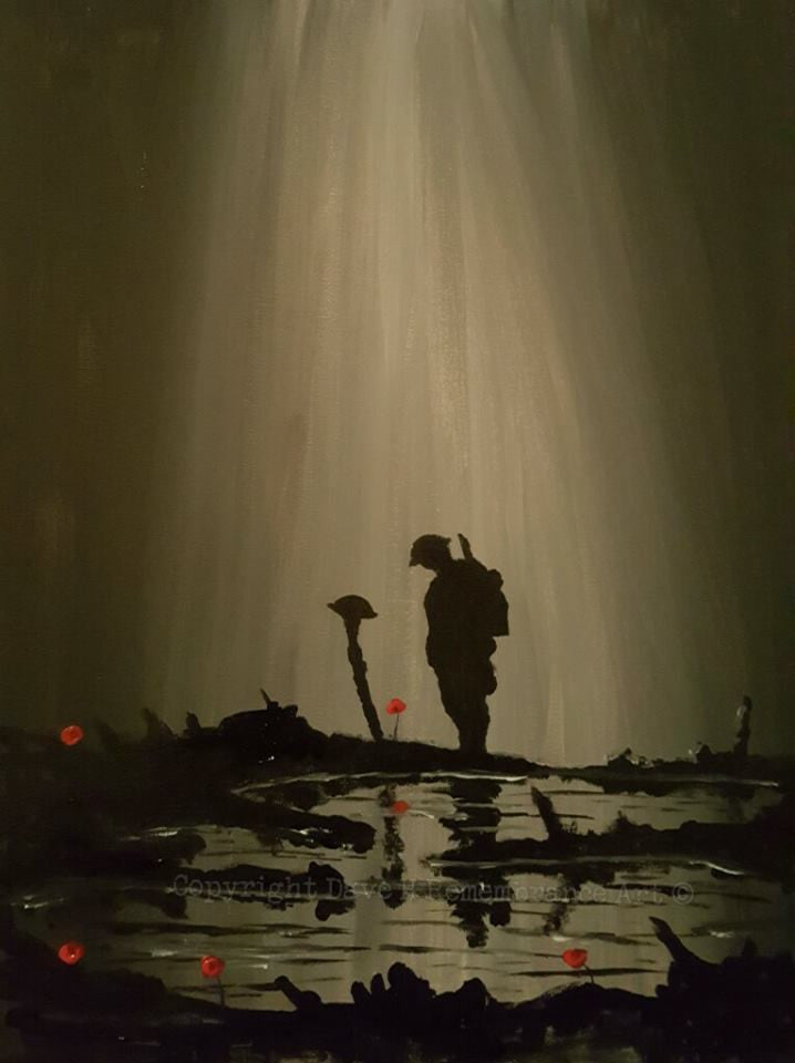 Dave H Remembrance Art painting 'Reflecting Sorrow' depicts a lone soldier standing, head bowed, at the battlefield cross grave marker of a fallen comrade.
