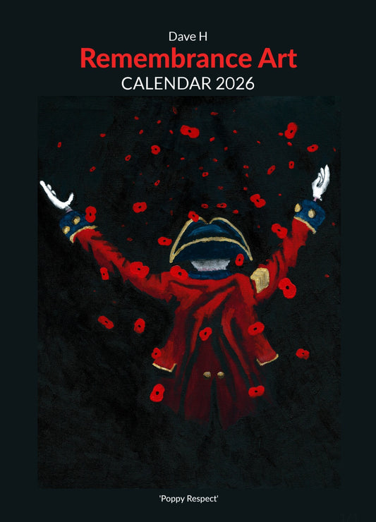 Cover of Dave H Remembrance Art Calendar 2026 with a stylized illustration of a Chelsea Pensioner against a dark background in cascading poppies