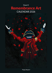Cover of Dave H Remembrance Art Calendar 2026 with a stylized illustration of a Chelsea Pensioner against a dark background in cascading poppies