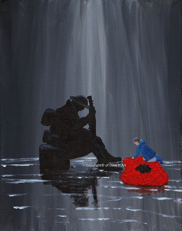 Dave H Remembrance Art painting 'Making Tommy smile' depicting a small child laying pebbles in a poppy at the Seaham Tommy statue.