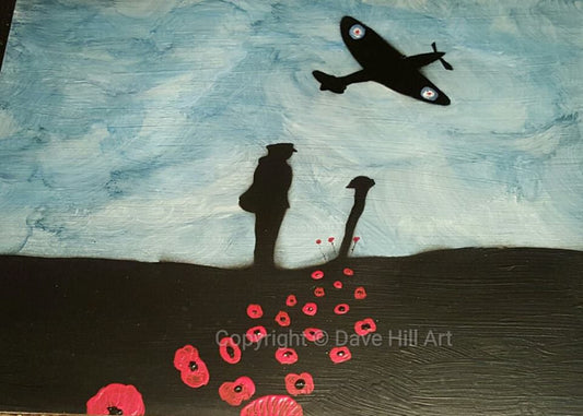 Dave H Remembrance Art painting 'Spitfire above', depicting a lone airman at a battlefield cross with a spitfire above.