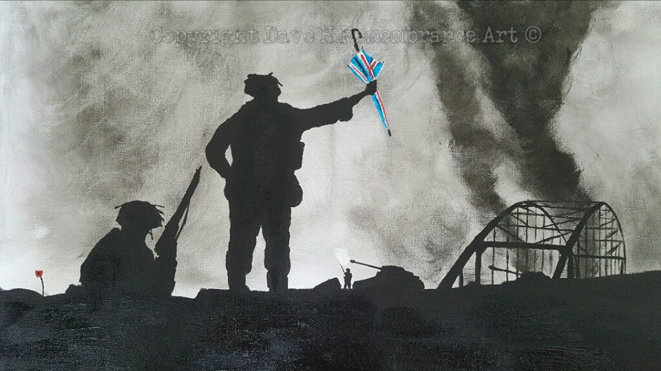 Dave H Remembrance Art original painting depicting the bridge too far, arnhem