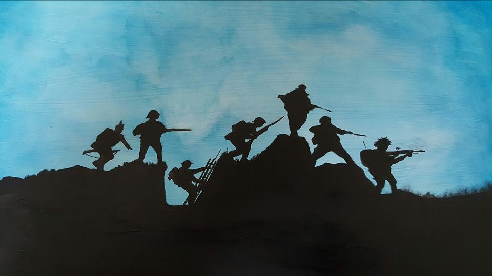 Dave H Remembrance Art painting 'Transitions in Blue', depicting the transition of British soldiers from the Napoleonic era to current days.