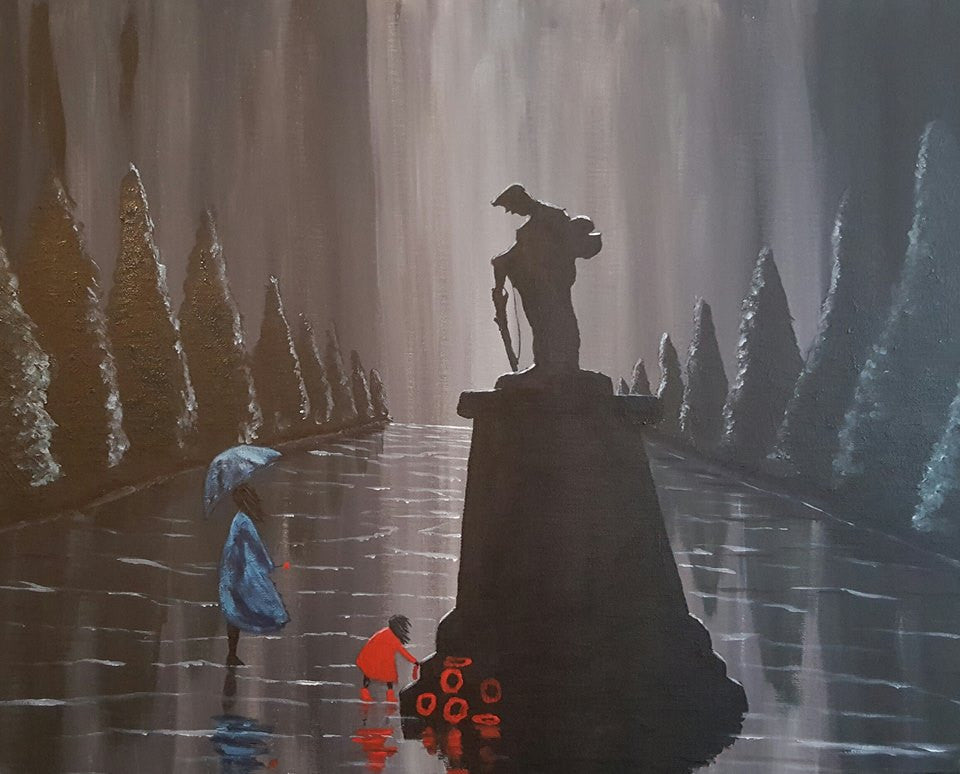 Remembrance Art 'Laying poppies in the rain'