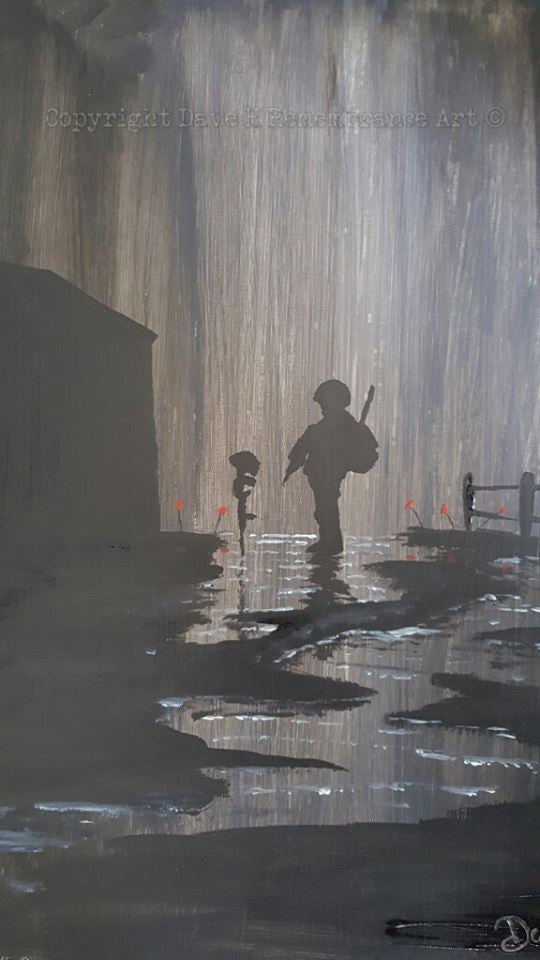 Dave H Remembrance Art painting 'Alone but not lonely' depicts a lone British soldier stood at a battlefield cross of a fallen comrade in the rain, with poppies around the site.