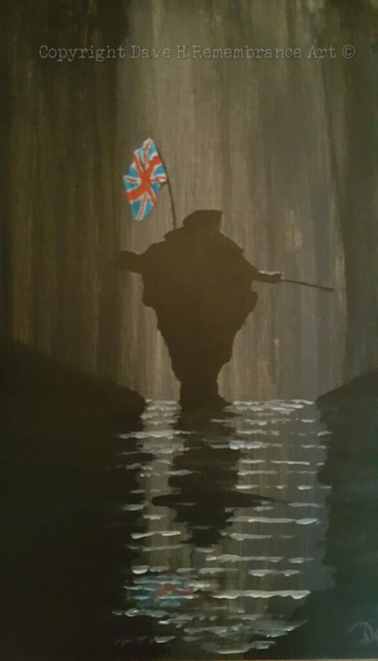 Dave H Remembrance Art painting 'Yomp in the rain' depicts a lone Falklands/NI era British soldier standing in the rain.