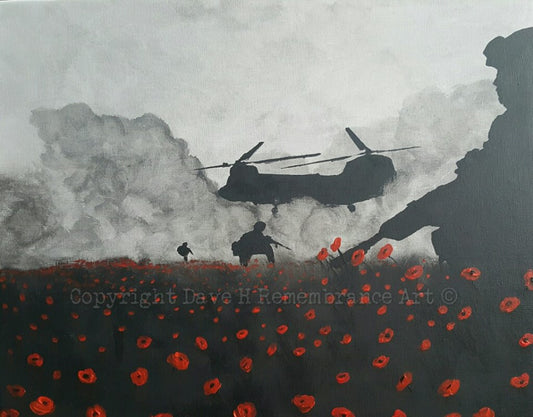 Dave H Remembrance Art painting 'Taxi's here!' depicting a patrol of British soldiers being picked up by a Chinook helicopter from a field of poppies
