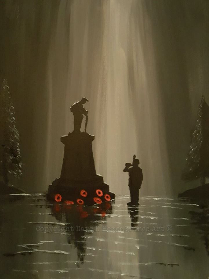 Dave H Remembrance Art painting 'Last Post' depicts a lone bugler playing at a war memorial.