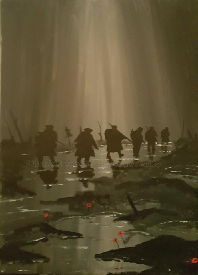 Dave H Remembrance Art painting'Just walking in the rain' depicts a line of weary soldiers, trudging through the mud and rain on their way to the front during WW1.