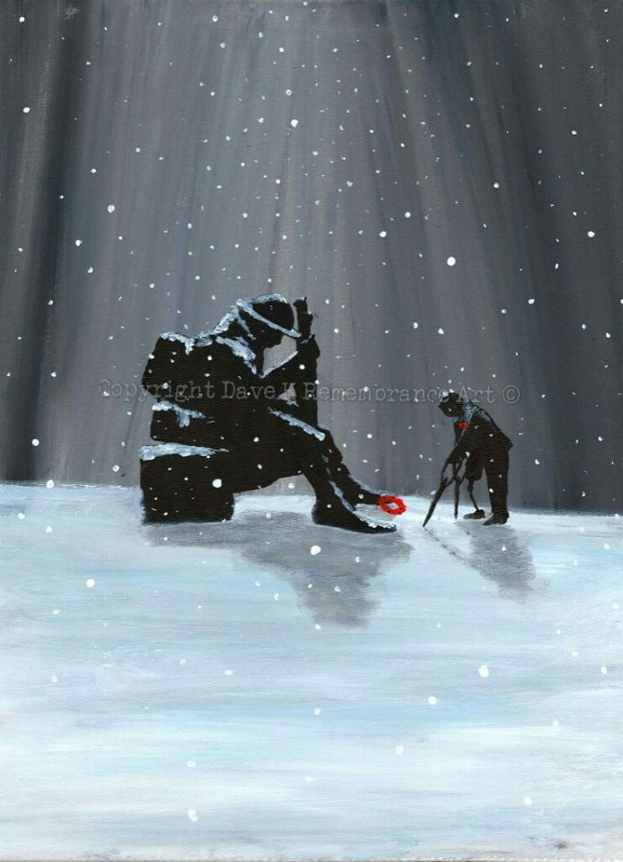Dave H Remembrance Art painting 'Nothing's changed Tommy' with a wounded veteran at the statue of Tommy in Seaham.
