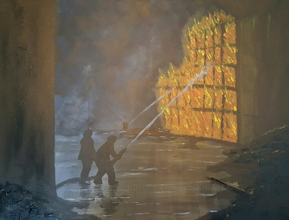 Heroes of the Blitz' is a painting by Dave H which depicts firefighters battling the flames during the bombings of WW2.