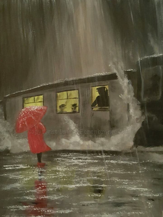 'Rainy farewell' is a painting by Dave H which depicts a lady seeing off her soldier on a rainy train platform.