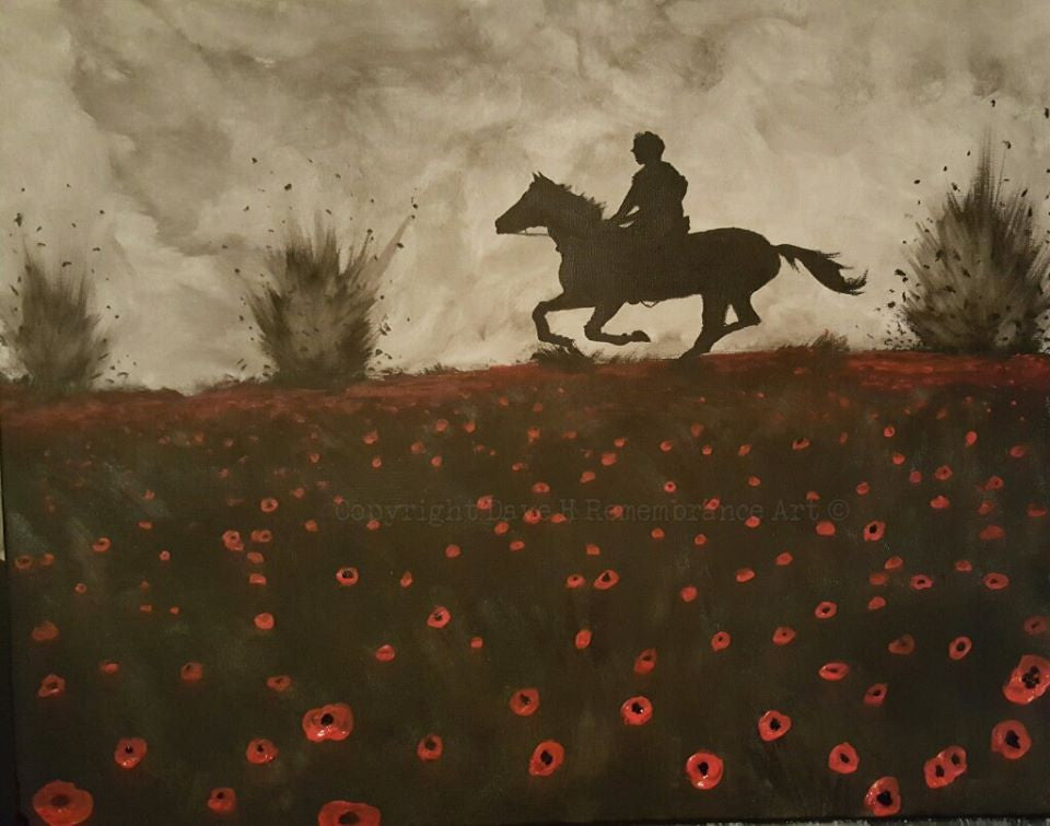 'I still remember' is a painting by Dave H which depicts an elderly gentleman paying his respects at a war memorial.