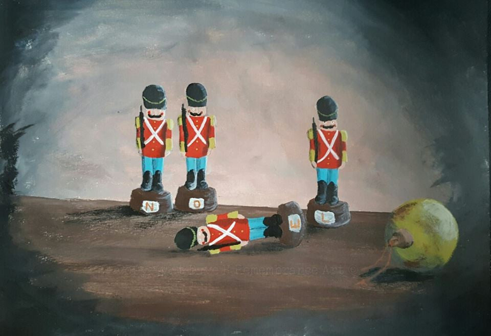 'Remembering the fallen at Christmas' is a painting by Dave H which depicts a soldier Christmas decoration which has been knocked over by a fallen bauble, intended to make viewers contemplate the sacrifice of those who've fallen in defence of their country and their families at Christmas.