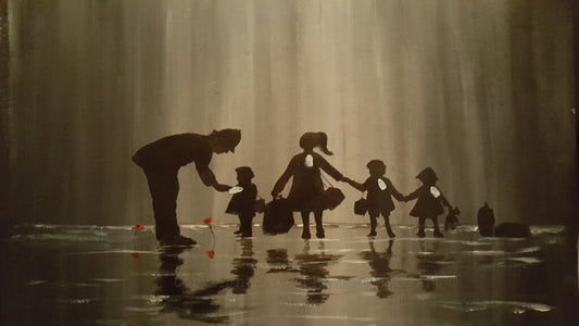 'Checking the labels' is a painting by Dave H which depicts a Policeman checking the labels on a group of small evacuated children during WW2.