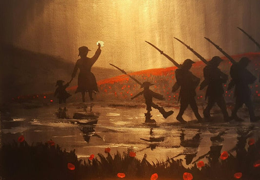 'Through a mothers' eyes' is a painting by Dave H which depicts a mother waving her son off as he marches away to war, seeing only the small boy he will always be to her.