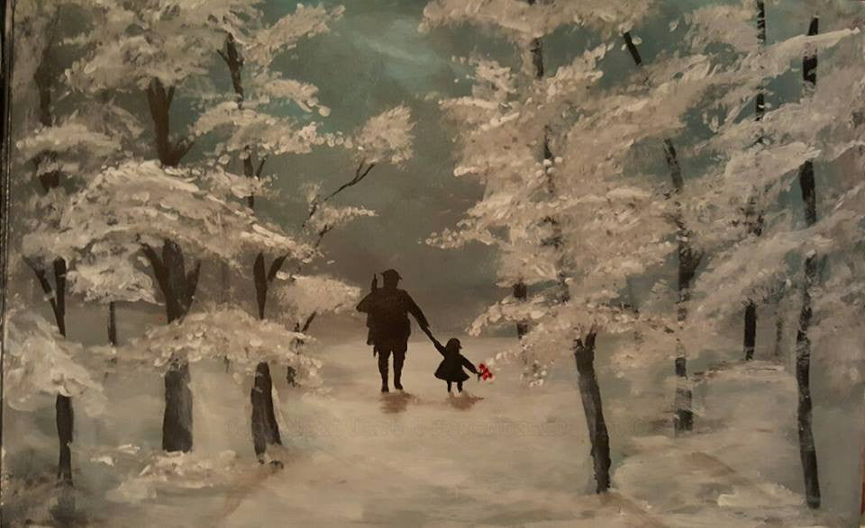 Dave H Remembrance Art painting 'Daddy brought me poppies', depicting a father and young daughter walking through a snowy wood.