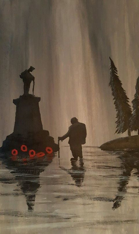 'I still remember' is a painting by Dave H which depicts an elderly gentleman paying his respects at a war memorial.