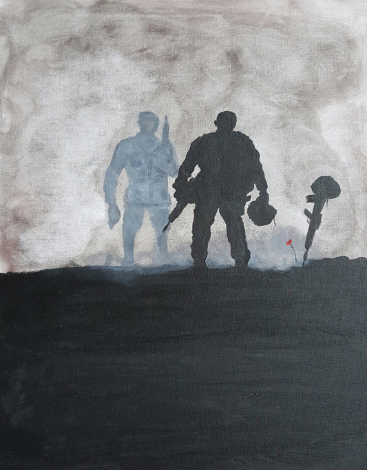Original Dave H Remembrance Art painting, 'Warrior Spirit', depicting a modern British Soldier at the Battlefield Cross of a fallen comrade, with a spirit figure of a British World War 1 Tommy behind.