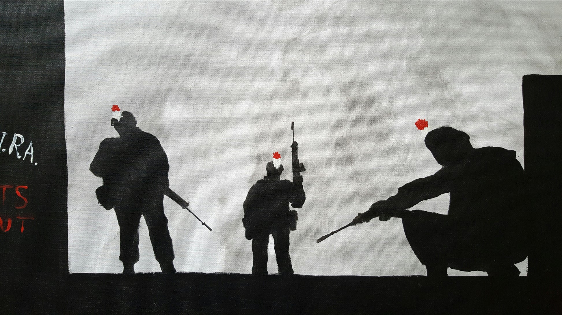 Dave H Remembrance Art original painting depicting Fusiliers patrolling in Northern Ireland