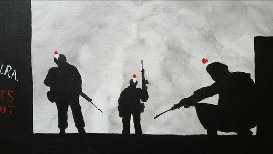 Dave H Remembrance Art original painting depicting Fusiliers patrolling in Northern Ireland