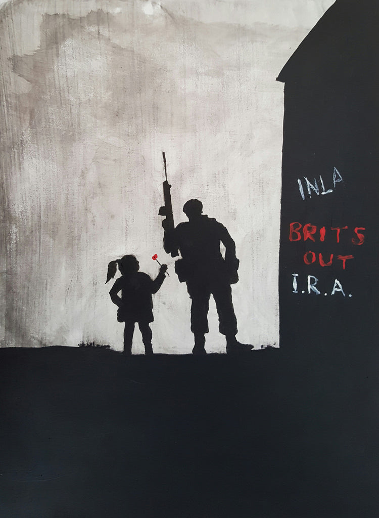 Dave H Remembrance Art painting 'Thanks Mister' depicts a patrolling British soldier in Northern Ireland during the troubles being presented a single poppy flower by a young girl.