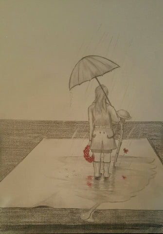u049 Original pencil Drawing u049 - '3d Rainy Battlefield Cross'