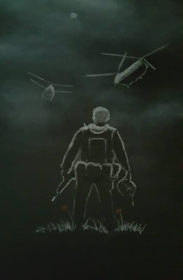 White on black drawing chinook helicopter