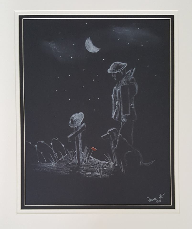 Small Original Polychromo on black card - 'untitled - soldier and dog at cross'