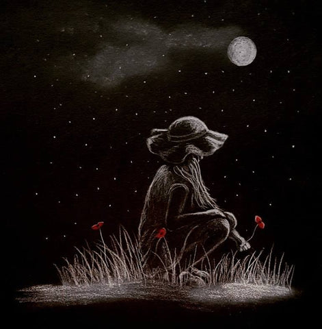 U008 Original Polychromo on Black Card - 'Picking poppies by moonlight'