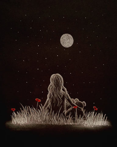 Original Polychromo on Black Card - 'Moonlit teddy girl'