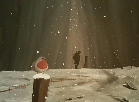 Dave H Remembrance Art painting 'Lonely Christmas' depicts a lone soldier standing, head bowed, at the battlefield cross grave marker of a fallen comrade amidst the desolation of no-mans-land.