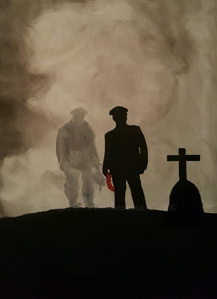 'Spitfire Spirit' is a painting by Dave H which depicts a RAF serviceman at a memorial with the spirit of a WW2 aviator behind him.