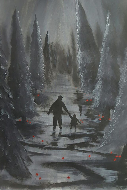'A walk in the woods with daddy' is a painting by Dave H which depicts the figure of a serviceman walking through poppy filled woods..
