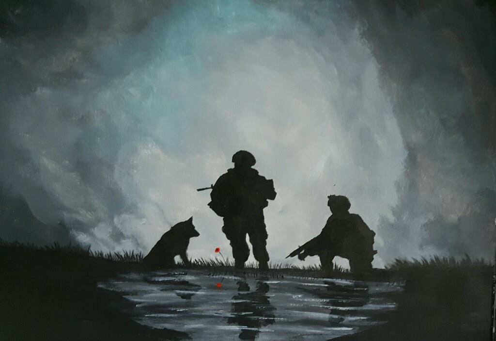 soldiers and dog painting