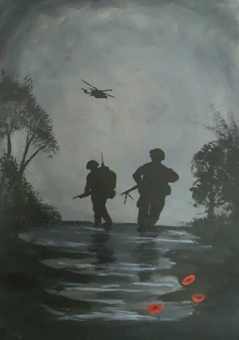 painting soldiers patrolling with helicopter