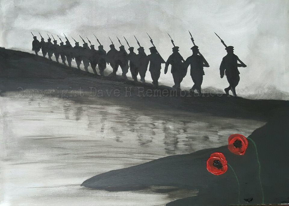 Dave H Remembrance Art painting 'Marching off to war' depicting a troop of soldiers marching along an estury with their images reflected in the water.