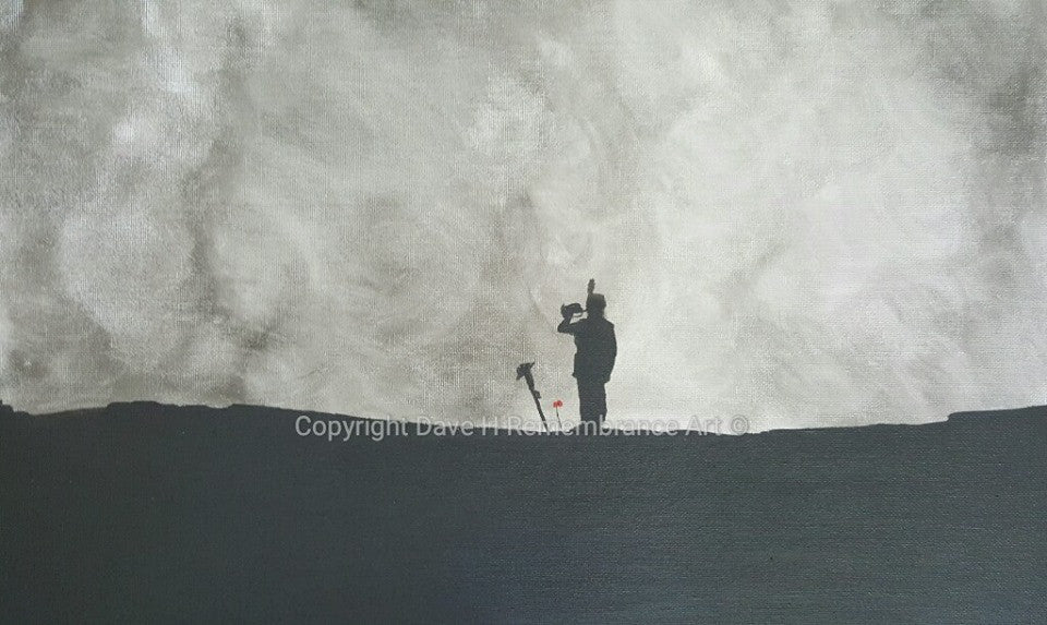 Dave H remembrance art painting depicting a lone bugler playing at the grave of a fallen soldier with poppies