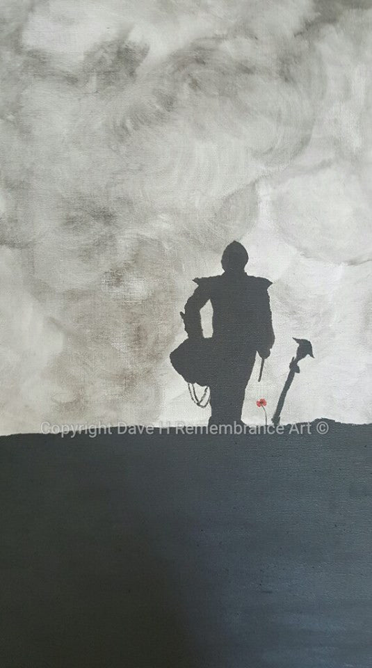 Dave H Remembrance Art painting 'Drummers' Vigil' depicts a lone drummer at the battlefield cross grave marker of a fallen comrade.