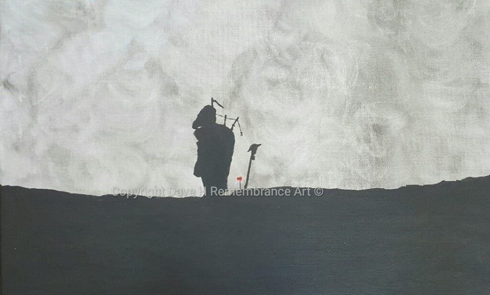 Dave H Remembrance Art painting 'Pipers' Vigil' depicts a lone piper playing at the battlefield cross grave marker of a fallen comrade.